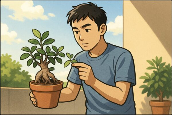 日本人男性がガジュマルの葉を観察し、片手で白く焼けた葉と薄い緑の徒長葉を比較しながら、もう片手で鉢を日陰に移動している。真夏の強い日差しの屋外。