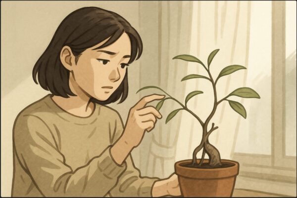 日本人女性が室内で徒長したガジュマルの枝を観察し、細く伸びた茎と薄い葉を指で触って確かめている。背景にはカーテン越しの弱い光。