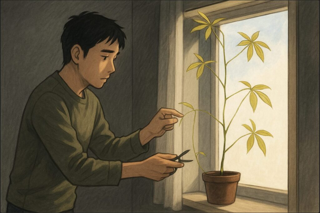 日本人男性が室内の薄暗い部屋で、ヒョロヒョロに伸びたパキラを窓際に移動させている。外の明るい光が差し込み、植物の細い茎と黄色っぽい葉が強調される。指先で節間の長さを確かめている様子。