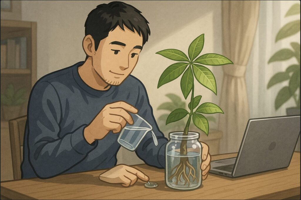 日本人男性がデスク上で透明なガラス容器の水耕栽培パキラを手入れしている。根の状態を確認しながら水を交換している動作。背景は柔らかな日陰の書斎。