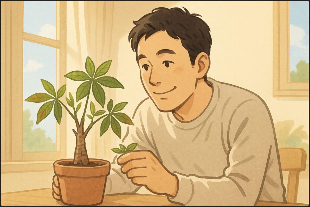 春の光が差し込む明るい室内で、日本人男性が新芽を出し始めたパキラを嬉しそうに見つめている。背景に窓から見える穏やかな青空。