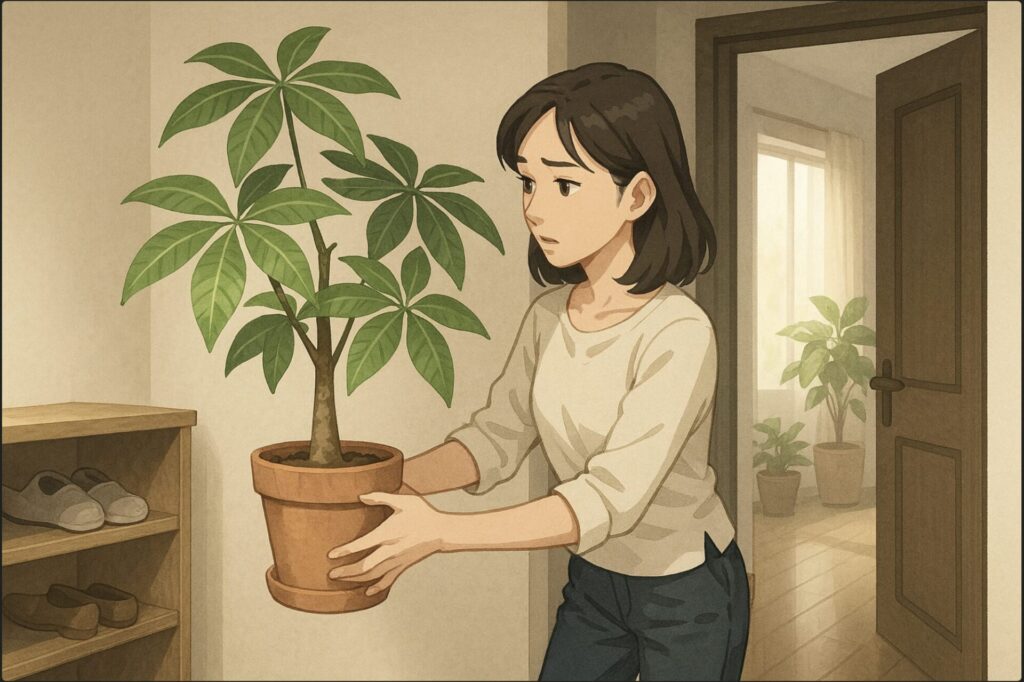 日本人女性が暗めの玄関に飾られたパキラを見つめ、明るいリビングへ移動させようとしている。玄関は日差しがほとんどなく、背景に靴棚やドアが見える。