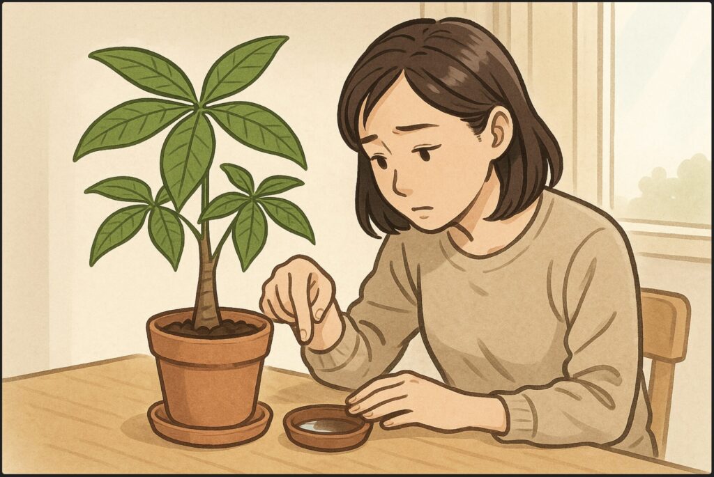 日本人女性がパキラの鉢の土を指で触り、水分を確認している。鉢の下の受け皿に少し水が溜まっており、それを気にするように見ている姿。背景は室内の窓際で、自然光が入る落ち着いた雰囲気。