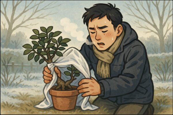 日本人男性が寒そうにコートを着て、屋外のガジュマルを不織布で包んでいる。背景に霜の降りた庭、白い息が見える。防寒対策をしている具体的な場面。