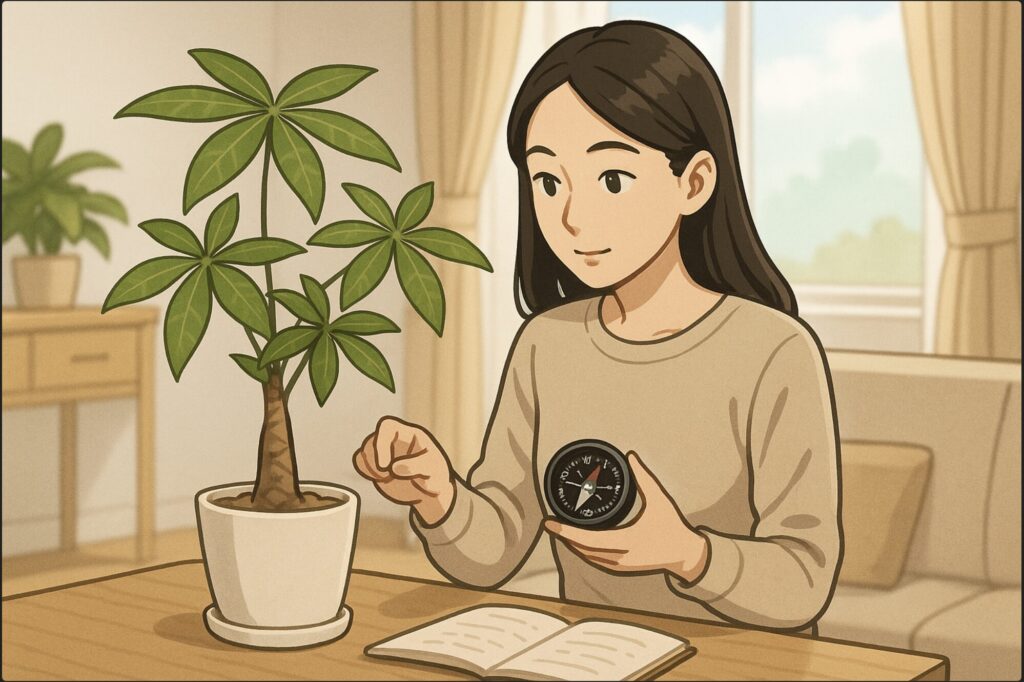 日本人女性がリビングの中央にパキラを置き、方位磁石を手に風水の方角を確認している。背後に窓から明るい光が差し込み、清潔で整った部屋。穏やかで調和のとれた雰囲気。