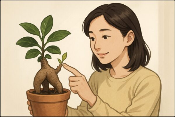 日本人女性が木質化したガジュマルの幹を観察し、指で幹の表面を軽く触れて確認している。新芽が出始めた幹を明るい光の中で見つめ、希望を感じる表情。背景はシンプルな室内。