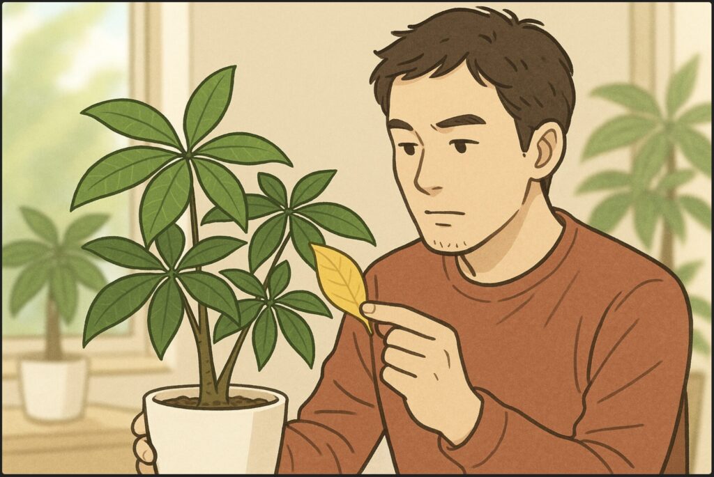 日本人男性がパキラの葉の色を見比べながら、黄色くなった葉を手に取り観察している。周囲には健康な緑の葉と、しおれた葉が混ざり、光が差し込む明るい室内。
