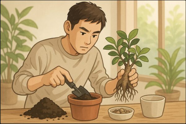 日本人男性がガジュマルの発根した幹を丁寧に新しい鉢へ植え替えている。手にはスコップ、周囲には新しい土と鉢底石、清潔な鉢。集中した表情。背景に室内の観葉植物。