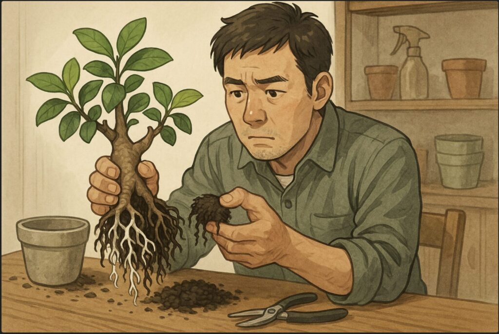 日本人男性が鉢からガジュマルをそっと引き抜き、白い健康な根と黒く傷んだ根を見比べている。手元の土が少しこぼれており、真剣な表情。背景は作業台と園芸用品。