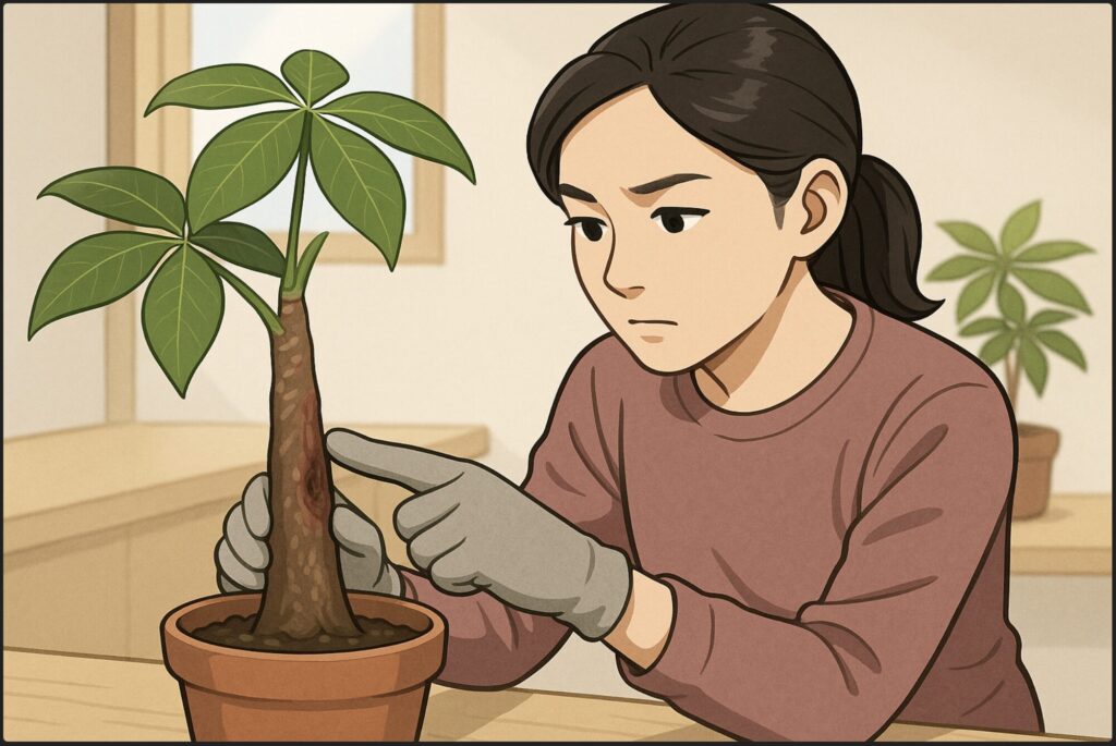 日本人女性が手袋をつけて、パキラの幹の柔らかい部分を指で押しながら状態を確認している。幹の色がやや変色しており、表情は真剣。背景は室内の明るい作業台。