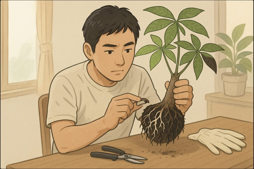 日本人男性が鉢からパキラをそっと持ち上げ、根を確認している。健康な白い根と黒く傷んだ根を見比べ、慎重に観察する様子。机の上には清潔なハサミと園芸用手袋。