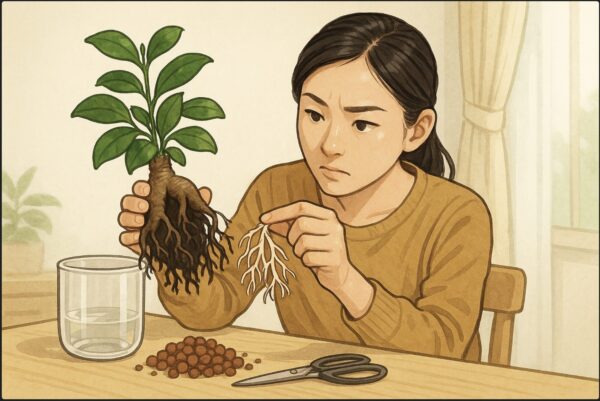 日本人女性がガジュマルを容器から取り出し、黒ずんだ根と健康な白い根を見比べながら確認している。テーブルには清潔なハサミと新しいハイドロボール。真剣な表情。