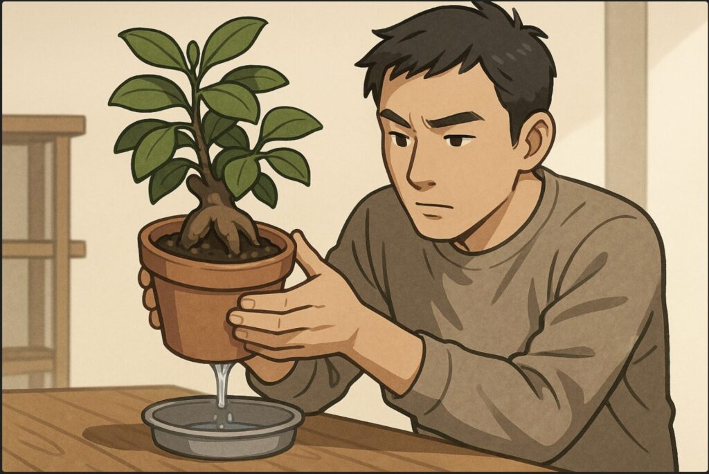 日本人男性が室内でガジュマルの鉢を手に持ち、鉢底の水の流れを確認している。水がスムーズに排出される様子が見える。床には濡れた受け皿、真剣な表情。