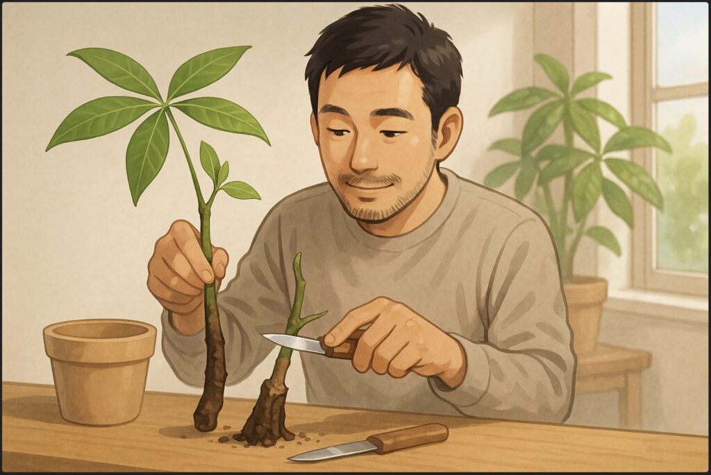 日本人男性が傷んだパキラの幹を切り取り、健康な穂木を慎重に取り分けている。清潔な作業台にナイフと新しい鉢、赤玉土。希望を込めた穏やかな雰囲気。