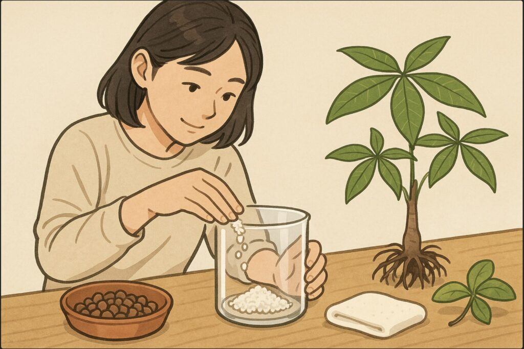日本人女性がガラス容器の底に白い根腐れ防止剤（ゼオライト）を丁寧に敷き詰めている様子。横にはハイドロボールとパキラの苗。清潔で明るい室内テーブル。