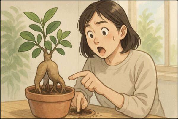 日本人女性がガジュマルの幹を指で軽く押しながら、柔らかさを確認して驚いた表情をしている。鉢から少し土を掘り返して根の状態を観察している様子。背景は明るい室内の窓辺。