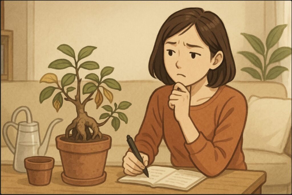 日本人女性がソファ横の枯れ気味のガジュマルを見つめ、首をかしげながら原因を考えている。近くに水差しや肥料、鉢などが並び、過去の失敗を反省している様子。柔らかい表情で学びの場面。