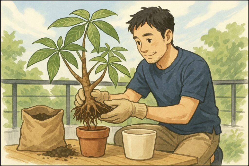 日本人男性がベランダで、古い鉢からパキラを優しく取り出し、新しい鉢と新しい土を準備している。手には園芸手袋、そよ風の中で丁寧な作業。