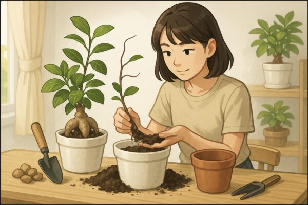 日本人女性がテーブル上でガジュマルの鉢を植え替えている。古い土を払い、新しい鉢に新鮮な培養土を入れる場面。鉢底石やスコップが並ぶ。ナチュラルで明るい屋内環境。