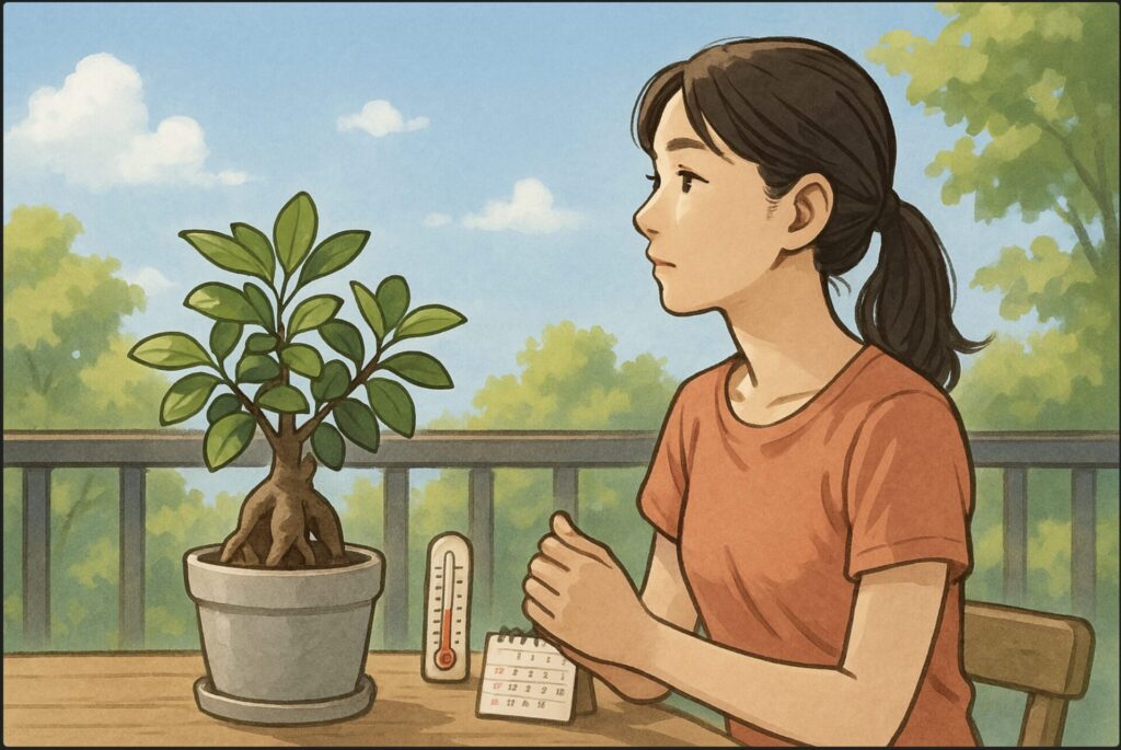 日本人女性がベランダでガジュマルを見つめながら、外の明るい初夏の空気を感じている。背景には青空と新緑、温度計やカレンダーが机上に見える。植え替えに最適な季節を考える春～夏の雰囲気。
