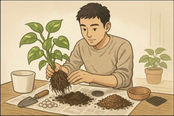 日本人男性が新聞紙を敷いたテーブルの上で、ポトスを鉢から抜き出して根を整えている。横には鉢底石、スコップ、鉢底ネット、配合した土が並ぶ。実際の作業の瞬間を切り取った構図。