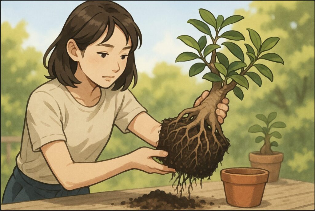 日本人女性が植え替え作業中で、ガジュマルを鉢から優しく引き抜き、根の状態を確認している。根が鉢底から伸びている様子が見える。屋外の日差しの下、丁寧な手つき。
