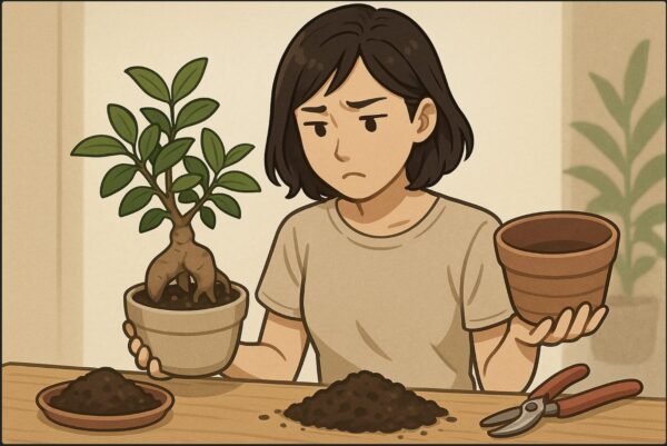 日本人女性がガジュマルの鉢を持ち、植え替え用の土と新しい鉢を見比べながら悩んでいる。隣には剪定バサミも置かれており、「同時にやるか迷っている」様子。室内で落ち着いた光。