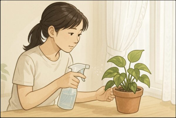 日本人女性が植え替え直後のポトスをレースカーテン越しの明るい日陰に置き、霧吹きで葉に水をかけている。穏やかな光と清潔感のある室内。