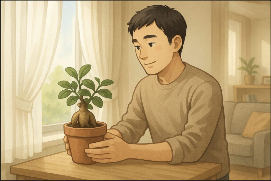 日本人男性が植え替えたガジュマルを両手で持ち、レースカーテン越しの柔らかな日差しの入る窓際に置いている。背景にリビングの一角、穏やかな雰囲気。