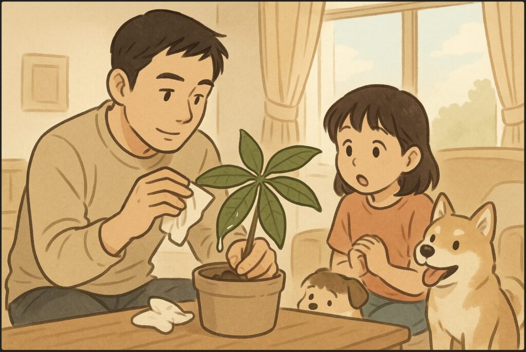 日本人男性が子どもとペット（小型犬）をそばに、パキラの鉢を前に樹液を慎重に拭き取っている。安心感のある家庭的な室内シーン。