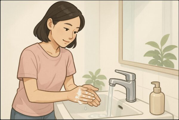 日本人女性が洗面所で、手についた白い樹液を流水と石鹸で丁寧に洗い流している。表情は落ち着いていて、清潔感のある明るい光。背景に観葉植物が小さく見える。