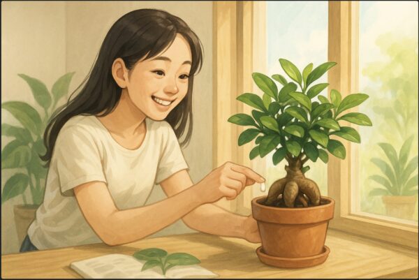 日本人女性が室内の窓辺で、元気なガジュマルの鉢を日光の当たる位置に置き直しながら笑顔で世話をしている。背景に柔らかな朝の光と他の観葉植物。