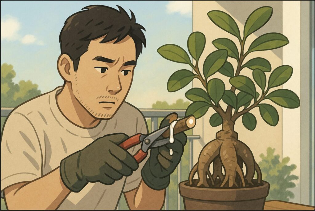 日本人男性が剪定ハサミでガジュマルの枝を切り、白い樹液がにじみ出ている切り口を注意深く観察している。手には園芸用手袋を着用。背景は明るい日差しの入るベランダ。