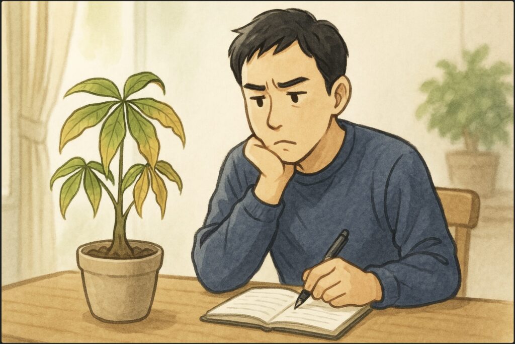日本人男性が、室内のテーブルでパキラを前にノートを広げ、原因を調べるようにメモを取りながら観察している。パキラの葉に元気がなく、考え込む表情。柔らかい自然光。