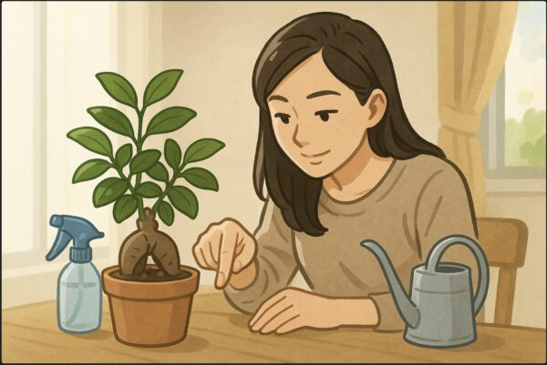 日本人女性が指で鉢の表面の土を軽く触って乾き具合を確認している。横には霧吹きとジョウロ、健康そうなガジュマルの鉢。柔らかい自然光の室内シーン。