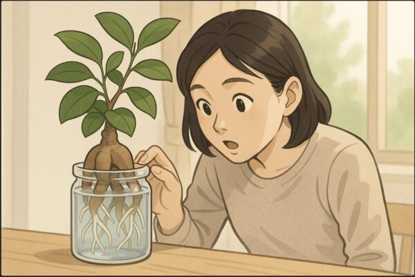 日本人女性が透明なガラス容器の中で水耕栽培しているガジュマルを覗き込み、根の様子を確認している。清潔な水と発根した白い根が見える。窓辺で柔らかい光が差し込む。