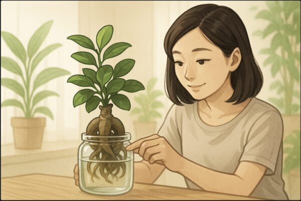 日本人女性が透明なガラス容器に植え替えたガジュマルを、明るい日陰で水の高さを調整している。背景には観葉植物や柔らかい光。清潔感のある雰囲気。
