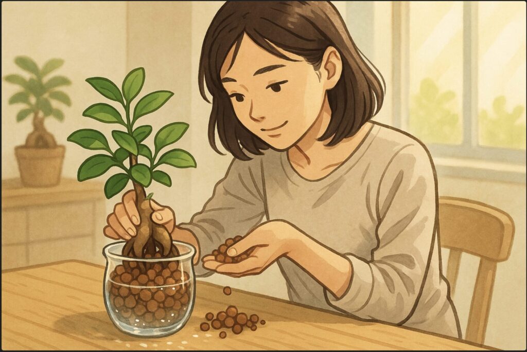 日本人女性が透明なガラス容器にハイドロボールを入れ、ガジュマルを植え替えている。背景は清潔な室内、陽光が差し込み、水面がキラキラと反射している。