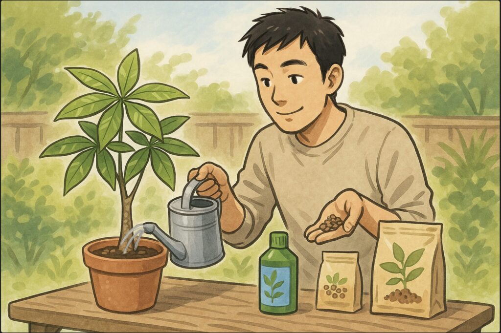 日本人男性が庭のテーブルで、片手にジョウロ、もう一方に固形肥料を持ち、それぞれをパキラの鉢に与える様子を比較している。テーブルの上に肥料パッケージも見える。