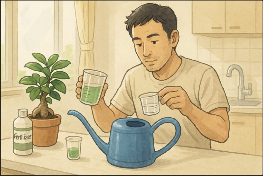 日本人男性がキッチンのような明るい場所で、ジョウロに液体肥料を薄めるため水を注ぎながら計量カップを確認している。横にガジュマルの鉢を置き、慎重に準備する様子。