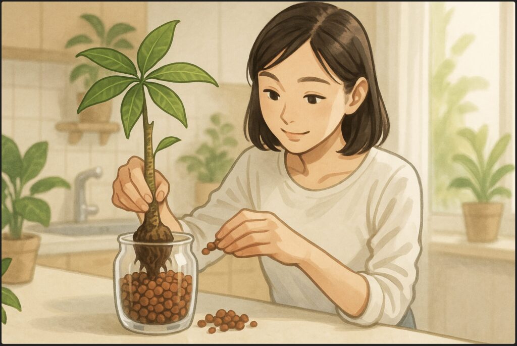 日本人女性が透明なガラス容器にハイドロボールを入れ、パキラを植え替えている。清潔で明るいキッチンカウンター、インテリア性の高い雰囲気。背景に観葉植物と自然光。