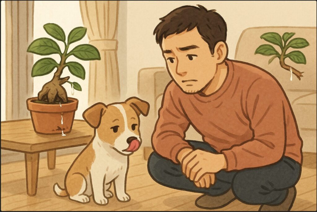 日本人男性がリビングの床で小型犬を心配そうに見つめており、犬は口を舐める仕草をしている。後ろのテーブルの上にはガジュマルの鉢が置かれ、枝が少し折れて樹液が見える。