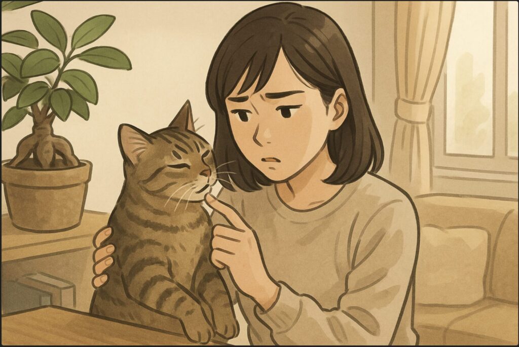 日本人女性がリビングで猫を抱きかかえ、猫の口元を心配そうに見ている。近くの棚の上にはガジュマルの鉢が置かれている。猫が観葉植物に興味を持つ様子がわかる構図。