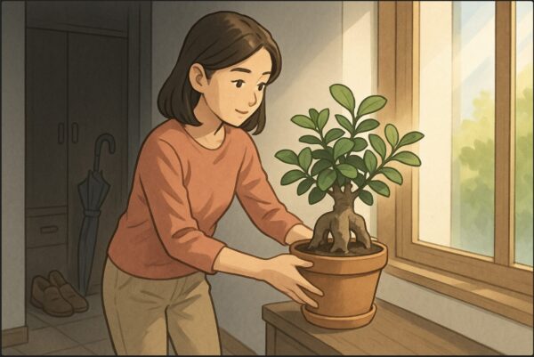 日本人女性が暗めの玄関で、ガジュマルの鉢を丁寧に持ち上げ、窓辺へ運んで日光浴をさせている。玄関には靴箱や傘立てが見える。柔らかな光が差し込む構図。