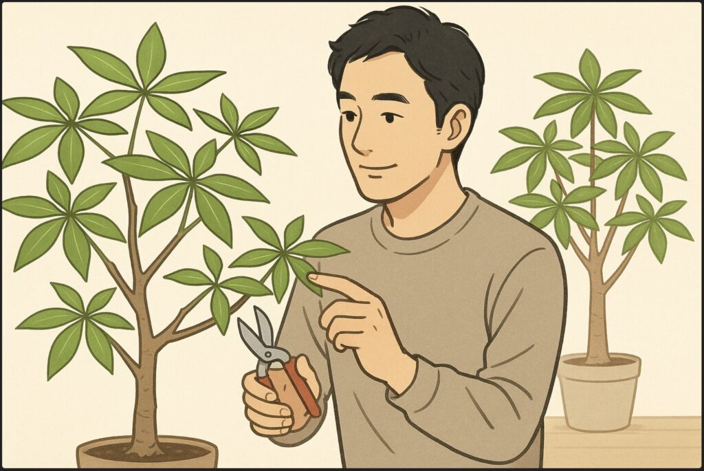 日本人男性が剪定ばさみを片手に、パキラの枝の形を見ながら全体のバランスを確認している。背後には完成イメージのように整った別のパキラが置かれている。穏やかな表情で作業中。