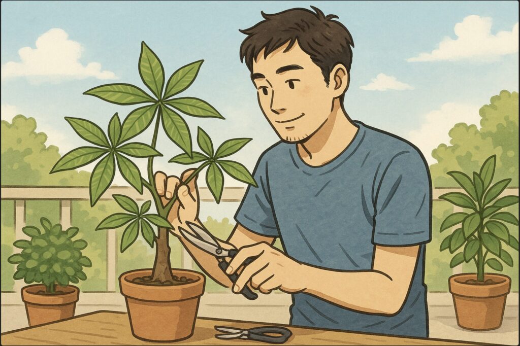 日本人男性がベランダで、パキラの枝ぶりを眺めながら軽く剪定している。健康的に茂った葉と風通しの良い環境。背景には青空と緑の鉢植えが並ぶ。