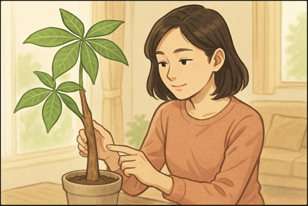 日本人女性が健康なパキラの幹を触りながら、硬さや色を確認している。片手でパキラを支え、もう片方で幹の表面をなぞる。幹は自然な薄茶色で木質化が進んでいる。明るく穏やかな雰囲気のリビング。