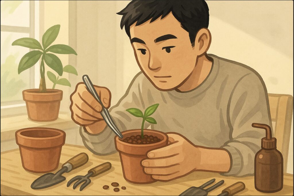 日本人男性が小さな鉢に赤玉土を入れ、ピンセットで発芽したパキラの幼苗を植え付けている。周囲に園芸道具が並ぶ。柔らかな日差しの室内。