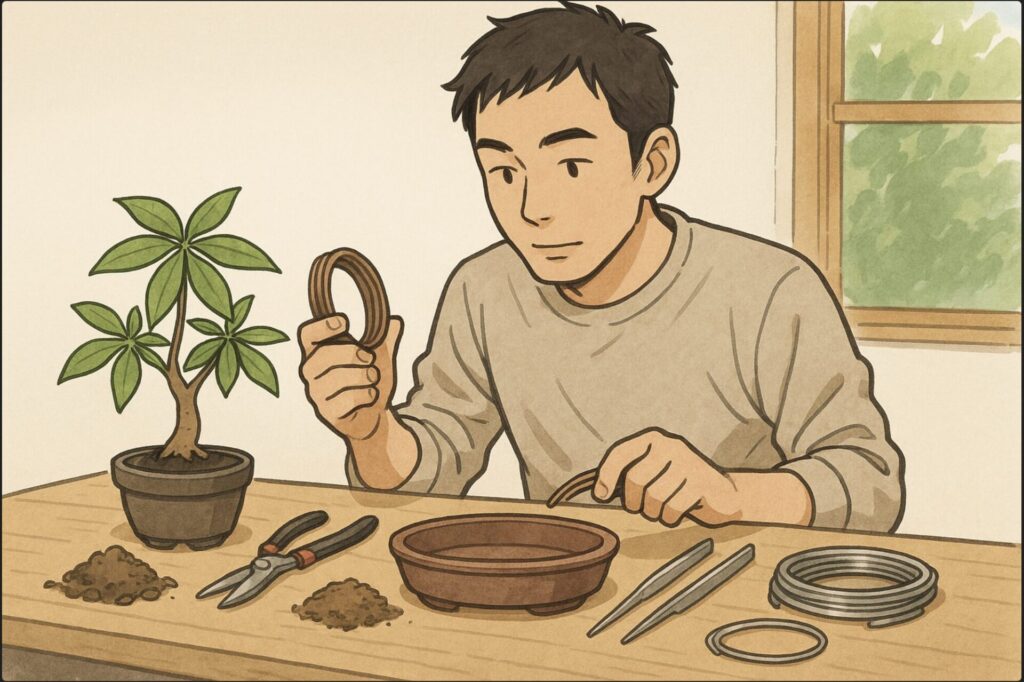 日本人男性が作業台の上で、盆栽用の鉢、剪定ばさみ、アルミ線、ピンセット、土などの道具を並べ、手に取って確認している。手前にパキラの小鉢。明るい作業スペース。