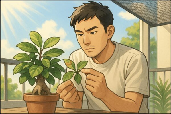 日本人男性がベランダで、ガジュマルの葉を手に取りながら、葉焼けした部分と健康な部分を比較している。背景に夏の強い日差しと遮光ネット。注意深く観察する姿。